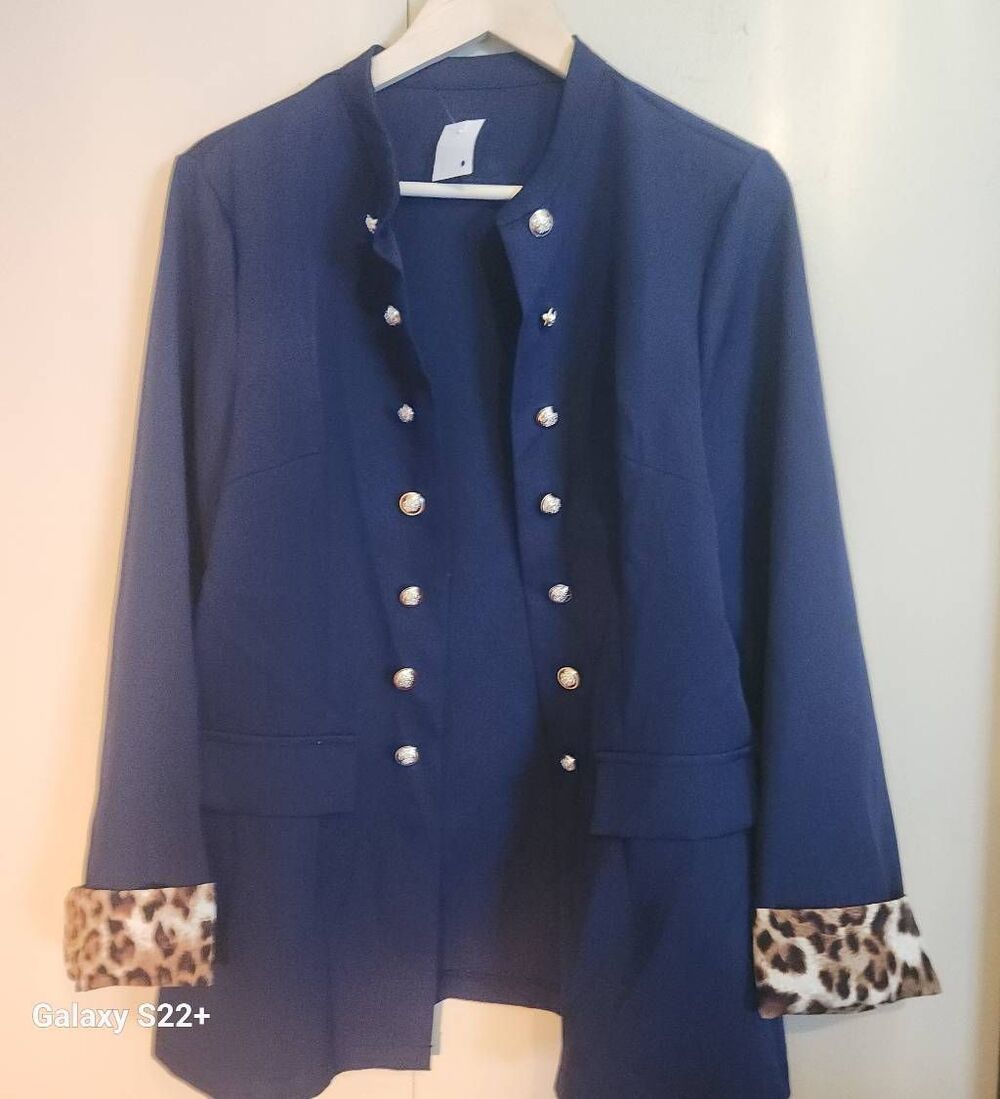 C10 Women's Navy Gold Button Military-Style Open Front Jacket with Leopard Cuff